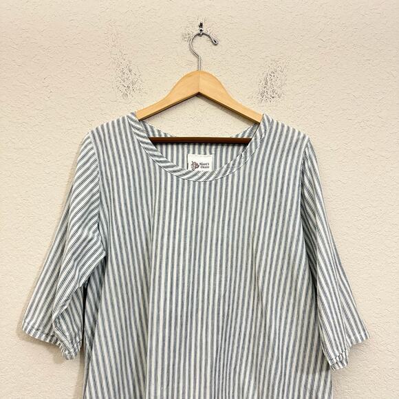 HEART'S DESIRE by Mary Grace Linen Top White Blue Striped Lagenlook - Picture 3 of 12